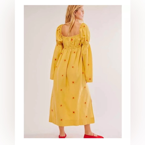Free People Emory Yellow Embroidered Long Sleeve midi dress size X-small - Picture 3 of 9